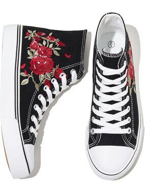 Women's Black Rose Canvas Upper Lace Up Cute Walking Shoes High Top Sneakers